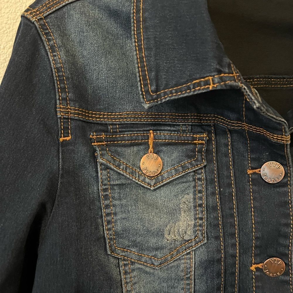 V.I.P Jeans Navy blue back cut Women Denim jacket size L - Picture 3 of 9